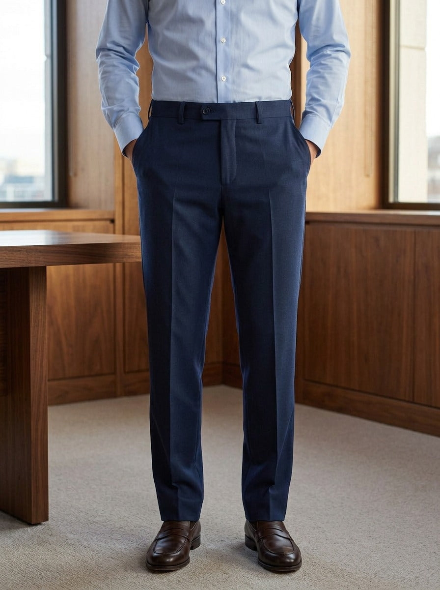 Jennings flat front button tab dress pants in Navy, lifestyle in a timber paneled office, Gentlemens Manor