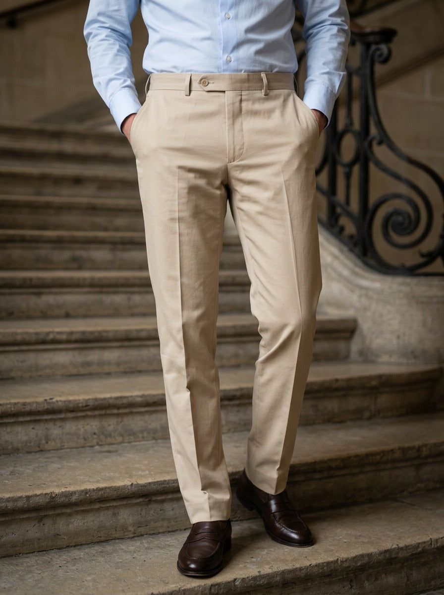 Jennings flat front button tab dress pants in Sand, lifestyle on a civic stone staircase, Gentlemens Manor