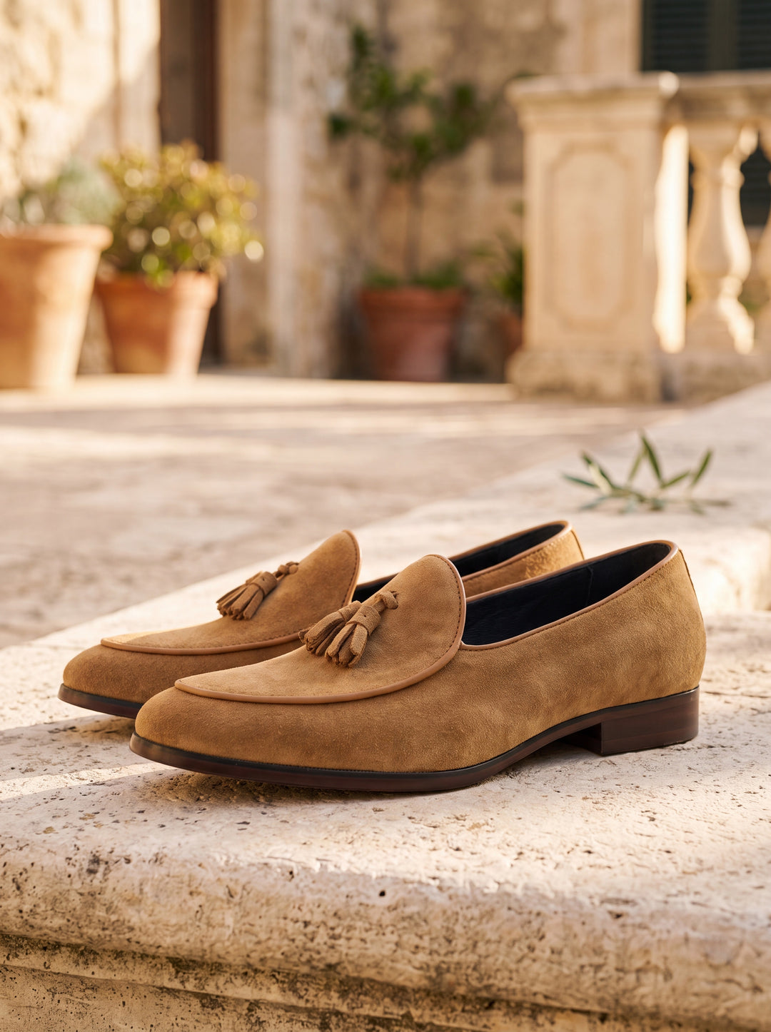 Jeremiah loafers in Brown, Mediterranean setting - Gentlemens Manor lifestyle