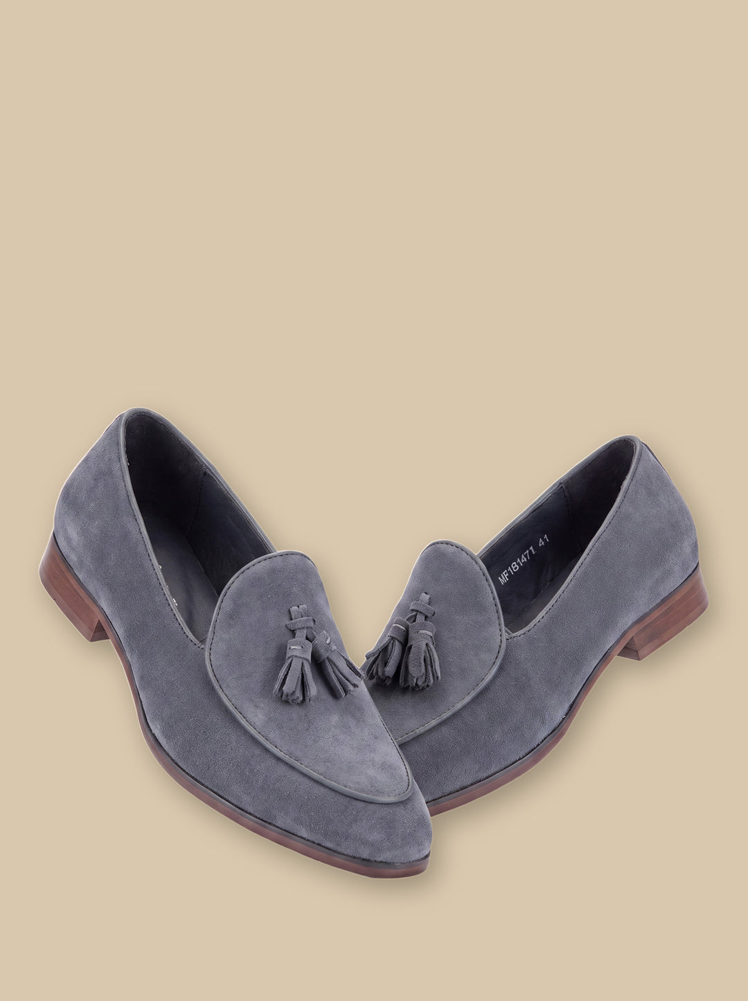 Jeremiah loafers in Grey, on a warm sand studio background - Gentlemens Manor