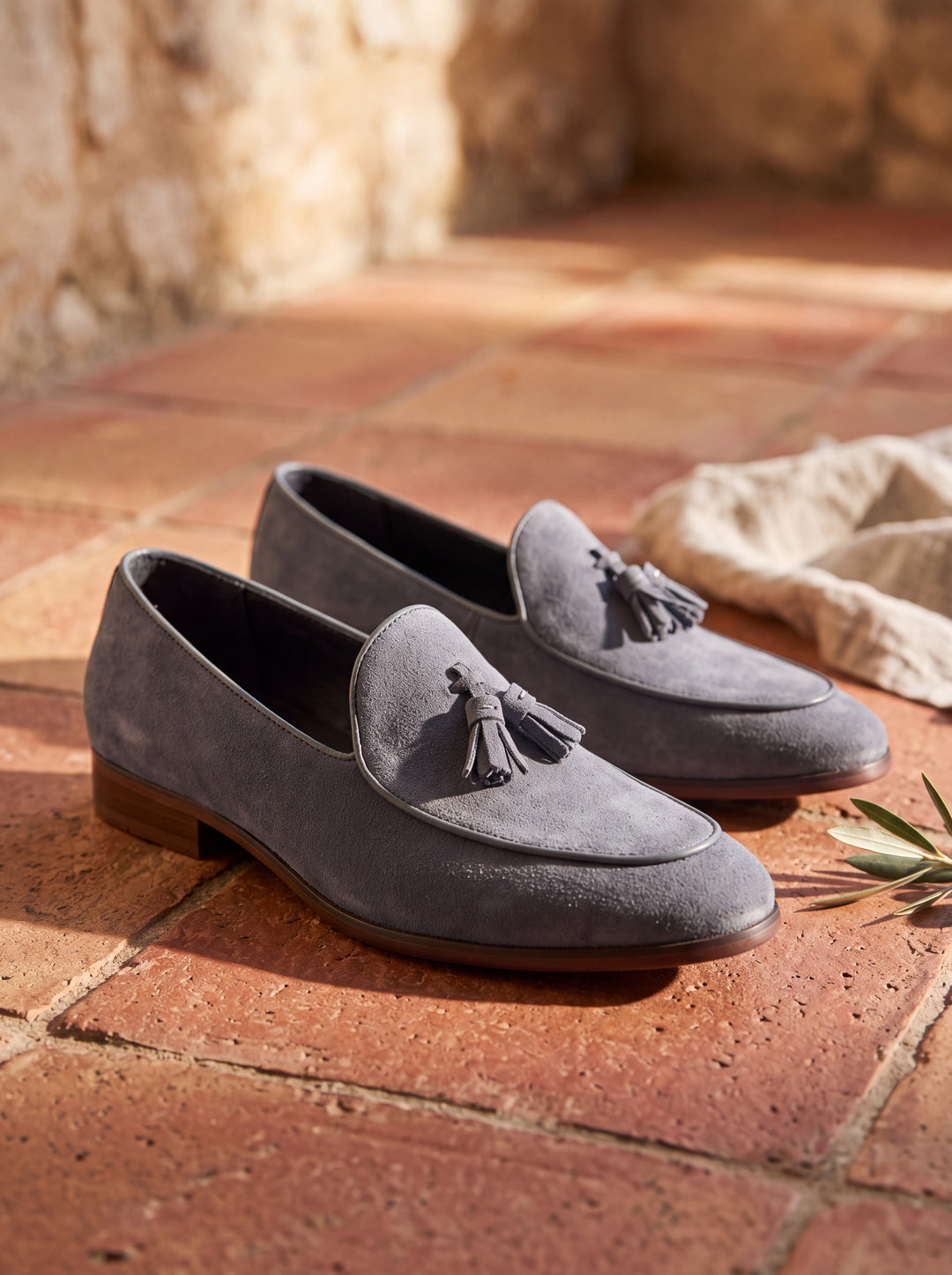 Jeremiah loafers in Grey, Mediterranean setting - Gentlemens Manor lifestyle