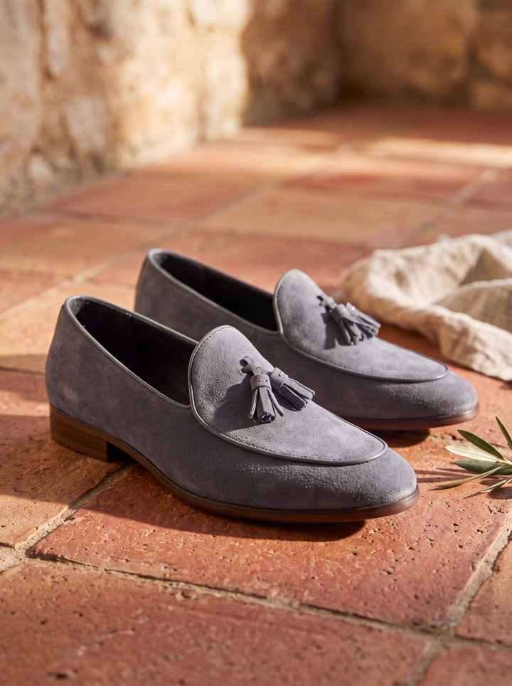 Jeremiah loafers in Grey, Mediterranean setting - Gentlemens Manor lifestyle