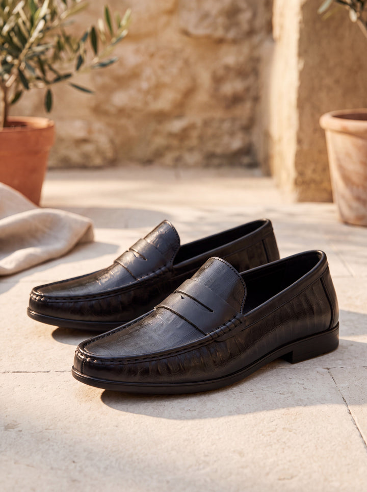 Jerome loafers in Black, Mediterranean setting - Gentlemens Manor lifestyle
