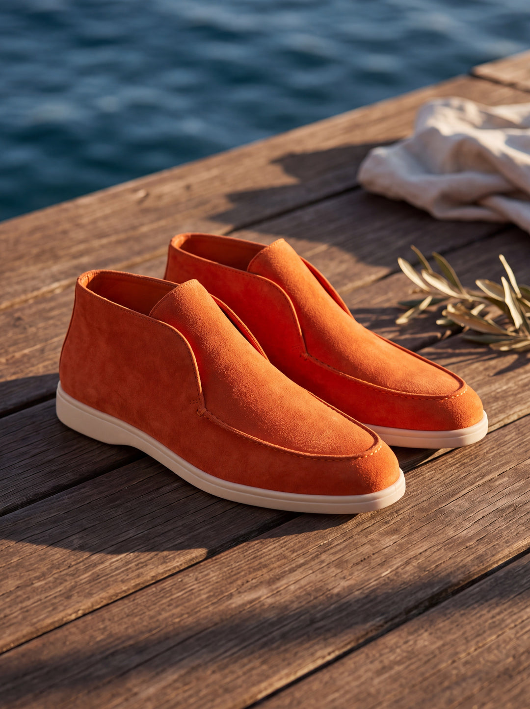 Jesse loafers in Orange, Mediterranean setting - Gentlemens Manor lifestyle