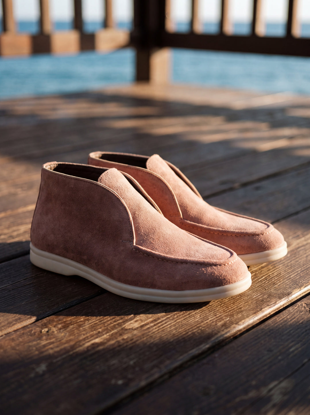 Jesse loafers in Pink, Mediterranean setting - Gentlemens Manor lifestyle