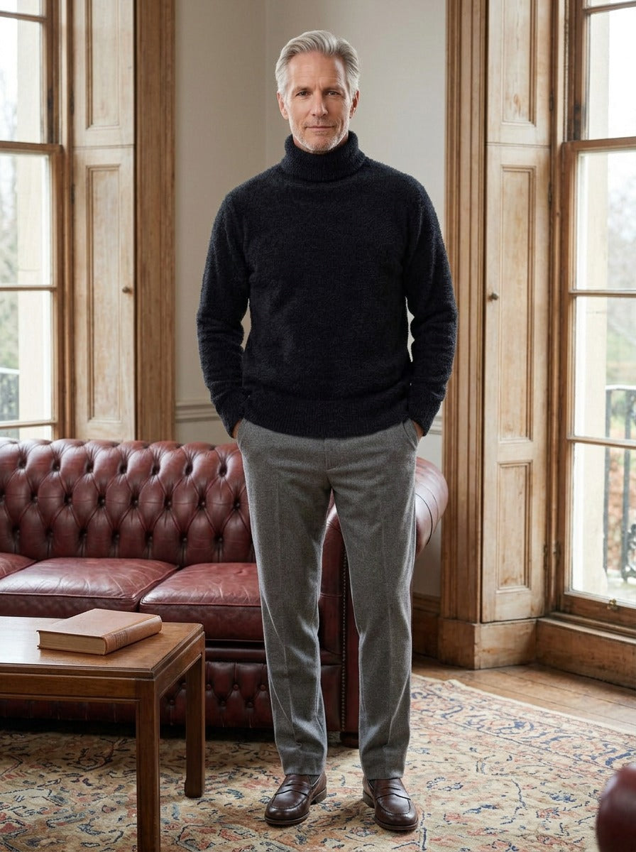 Jessop brushed knit turtleneck sweater in Black, lifestyle in a club reading room, Gentlemens Manor