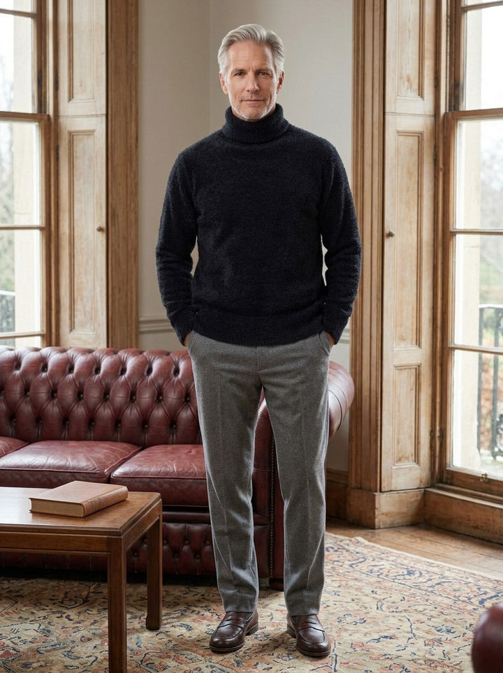 Jessop brushed knit turtleneck sweater in Black, lifestyle in a club reading room, Gentlemens Manor