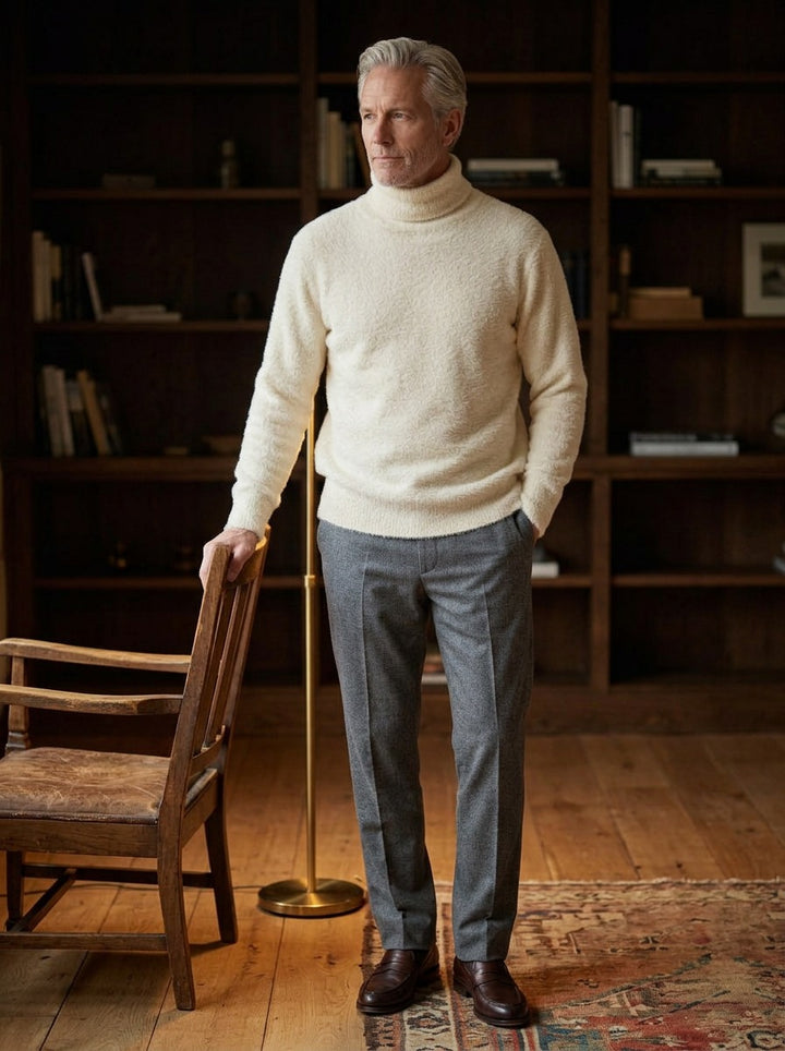 Jessop brushed knit turtleneck sweater in Cream, lifestyle in a private study, Gentlemens Manor