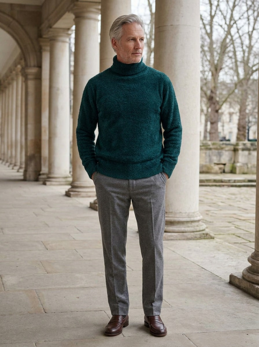 Jessop brushed knit turtleneck sweater in Dark Green, lifestyle in a stone colonnade, Gentlemens Manor