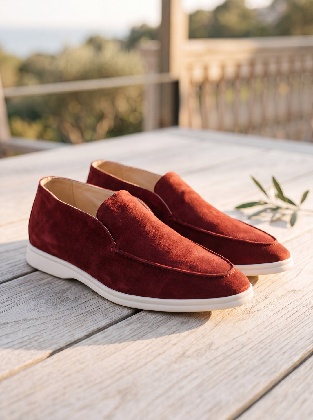 Joel loafers in Burgundy, Mediterranean setting - Gentlemens Manor lifestyle