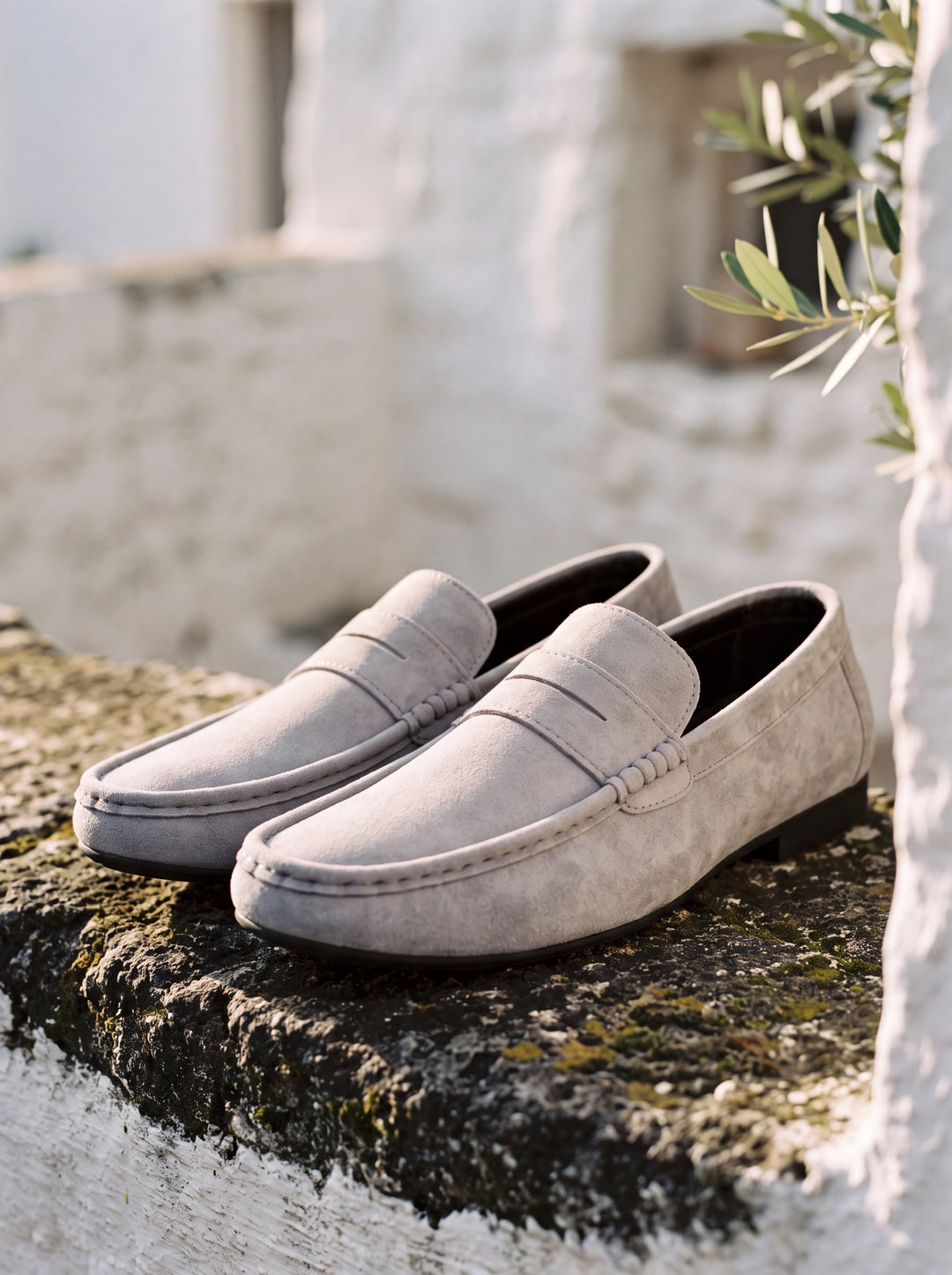 Jonah loafers in Grey, Mediterranean setting - Gentlemens Manor lifestyle