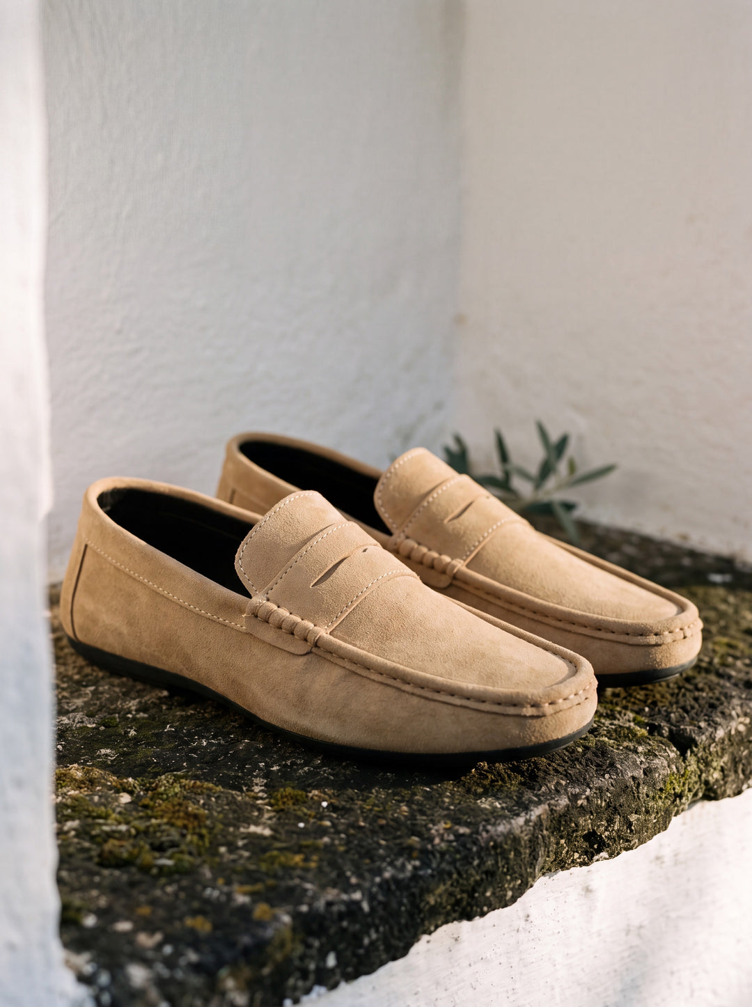 Jonah loafers in Sand, Mediterranean setting - Gentlemens Manor lifestyle