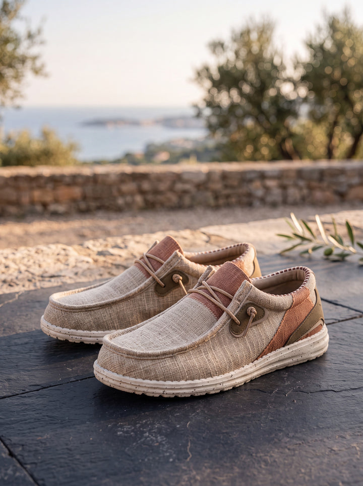 Josiah loafers in Beige, Mediterranean setting - Gentlemens Manor lifestyle