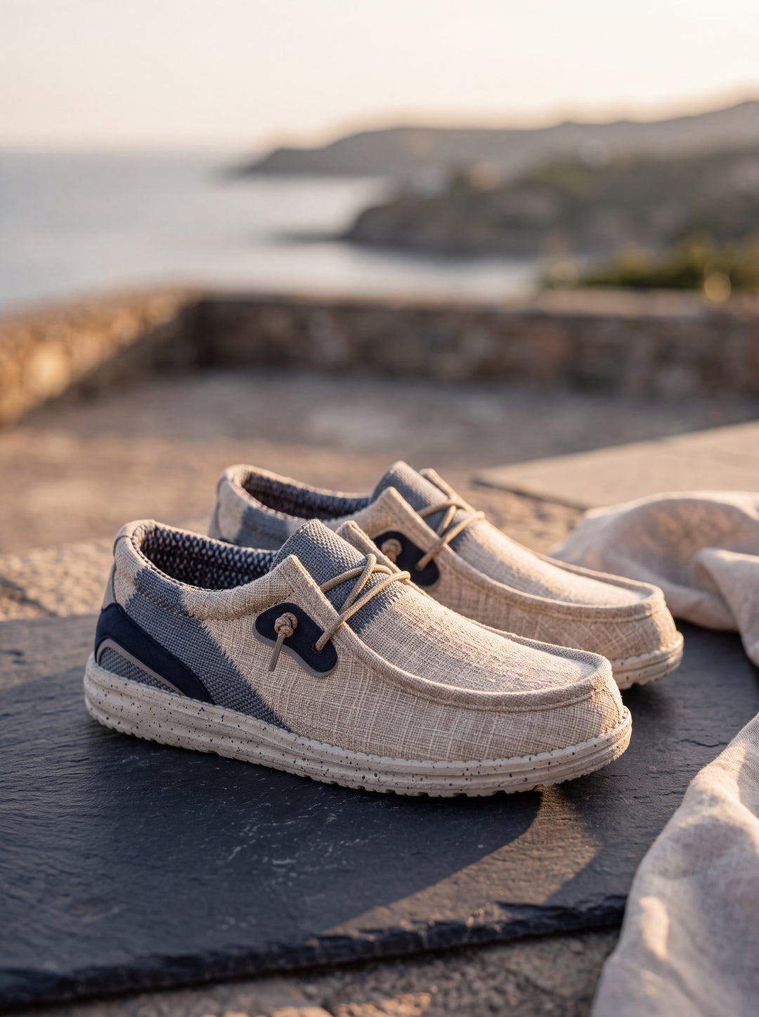 Josiah loafers in White, Mediterranean setting - Gentlemens Manor lifestyle