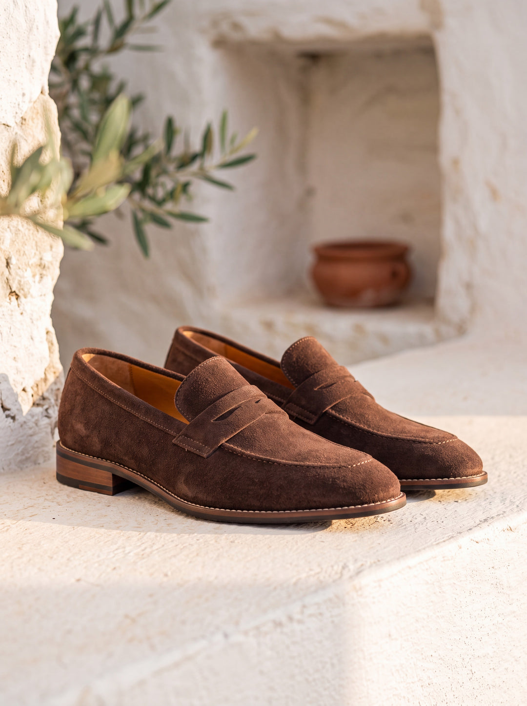 Jude loafers in Brown, Mediterranean setting - Gentlemens Manor lifestyle