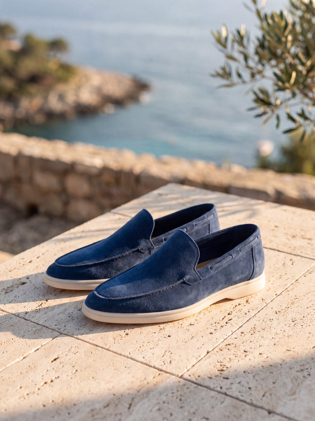 Judson loafers in Blue, Mediterranean setting - Gentlemens Manor lifestyle