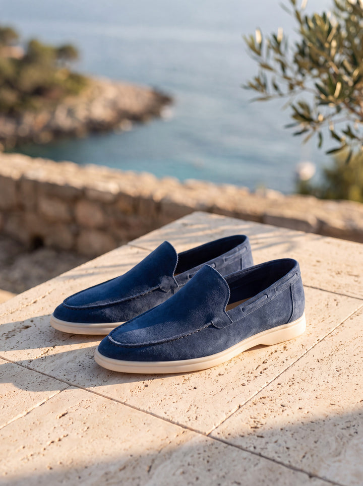 Judson loafers in Blue, Mediterranean setting - Gentlemens Manor lifestyle