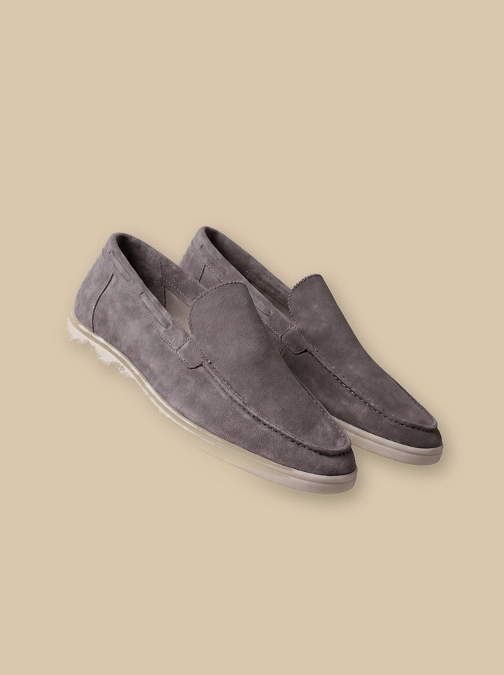 Judson loafers in Grey, on a warm sand studio background - Gentlemens Manor