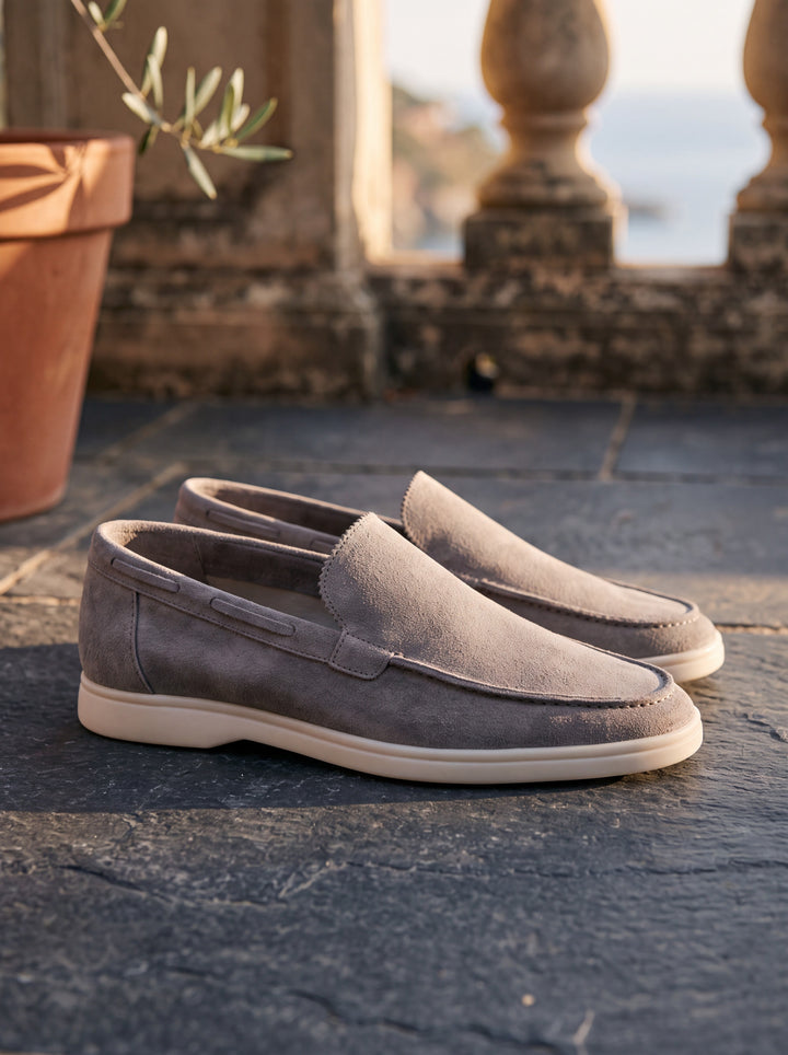 Judson loafers in Grey, Mediterranean setting - Gentlemens Manor lifestyle