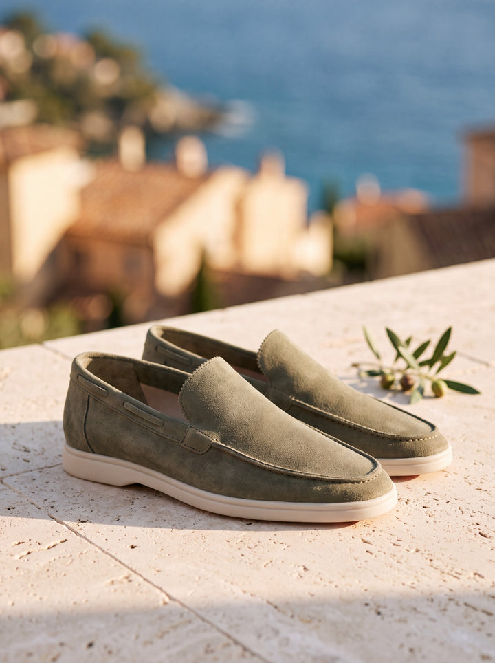 Judson loafers in Olive, Mediterranean setting - Gentlemens Manor lifestyle