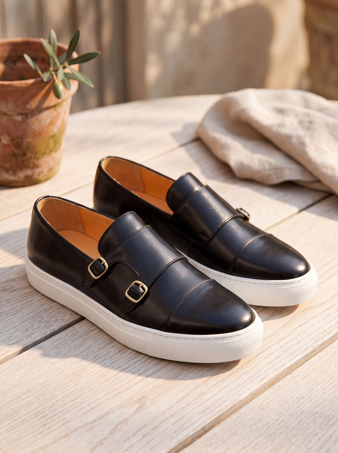 Julian loafers in Black, Mediterranean setting - Gentlemens Manor lifestyle