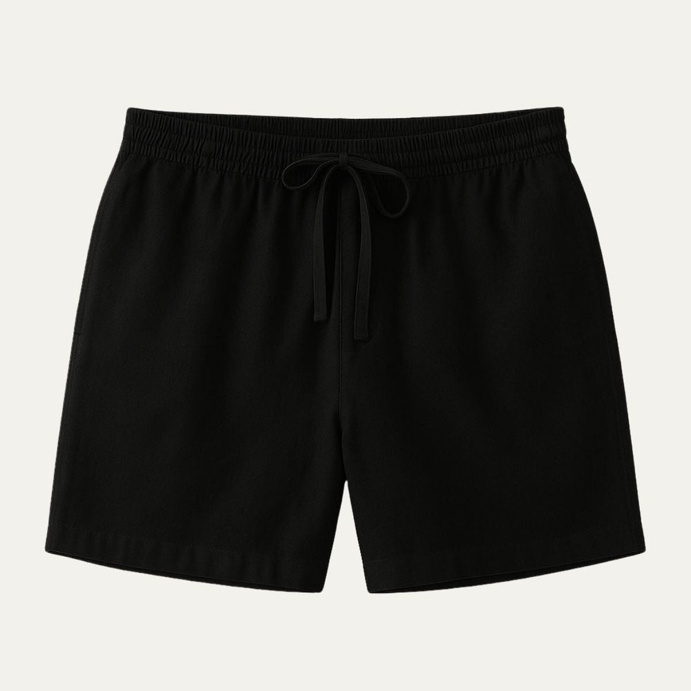 Kane summer shorts in Black, product flat lay - Gentlemens Manor