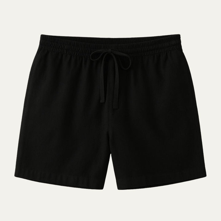 Kane summer shorts in Black, product flat lay - Gentlemens Manor