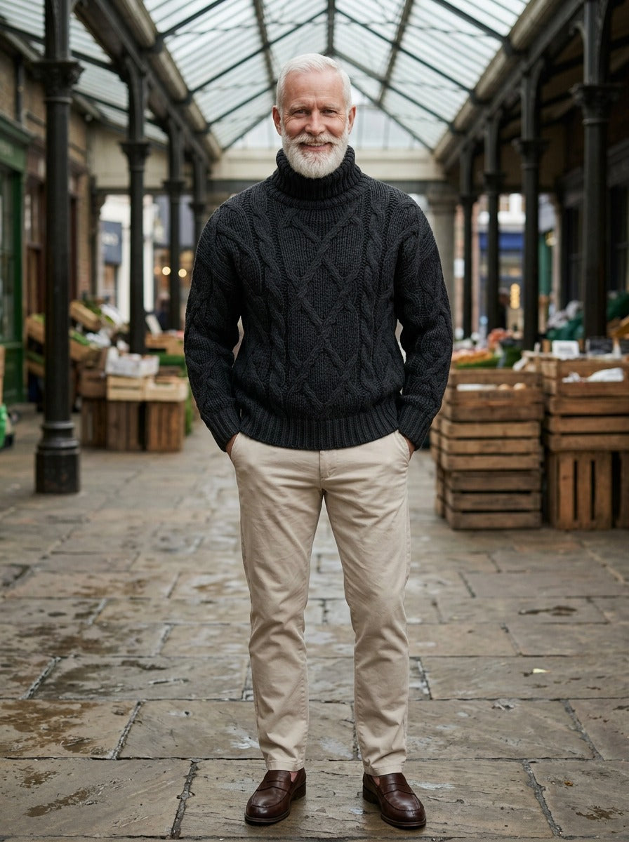 Keating chunky cable turtleneck sweater in Black, lifestyle in a covered market hall, Gentlemens Manor