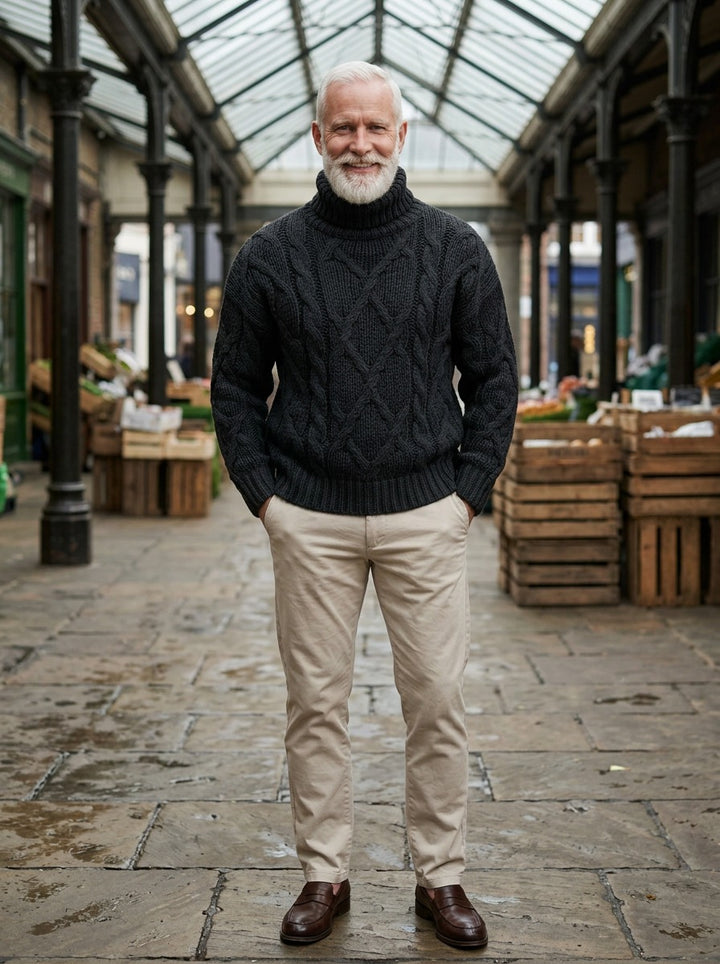 Keating chunky cable turtleneck sweater in Black, lifestyle in a covered market hall, Gentlemens Manor