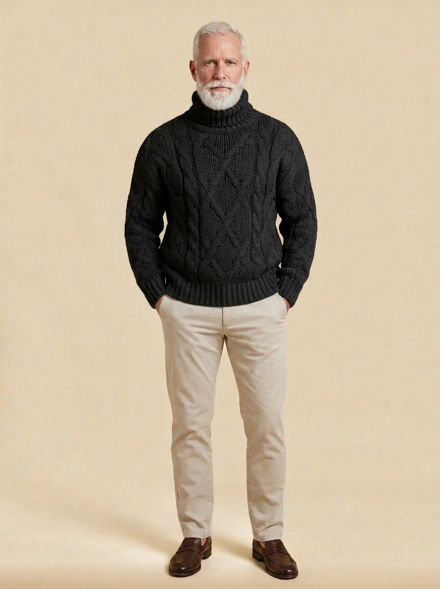 Keating chunky cable turtleneck sweater in Black, studio, Gentlemens Manor