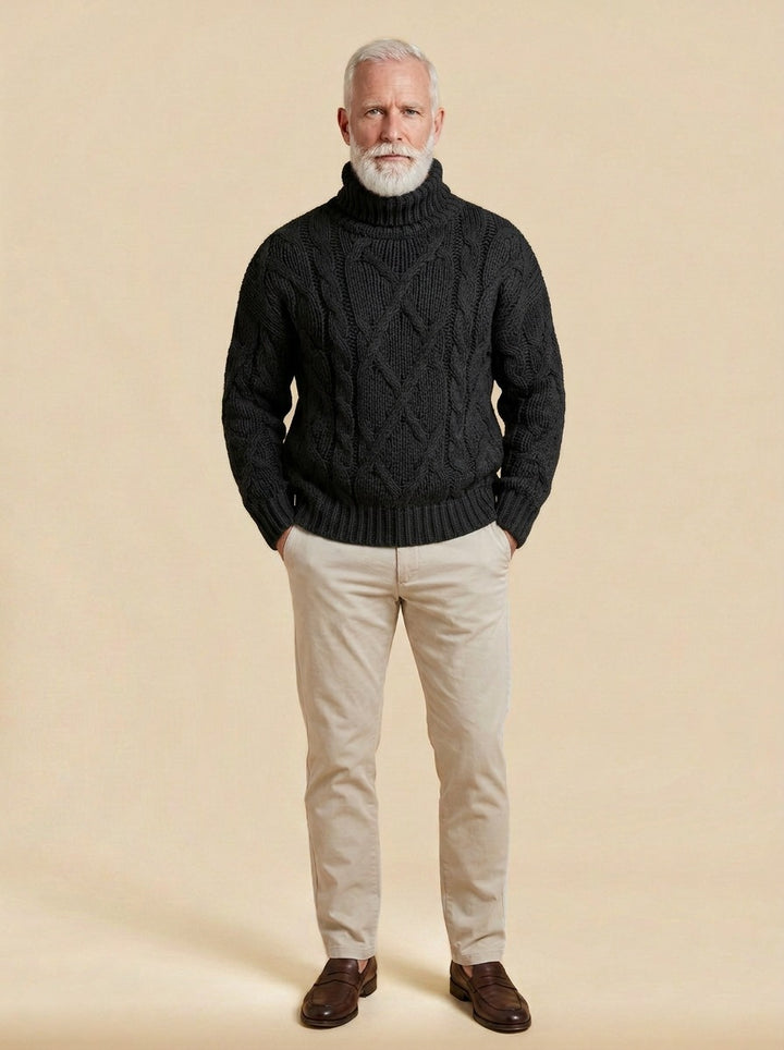 Keating chunky cable turtleneck sweater in Black, studio, Gentlemens Manor