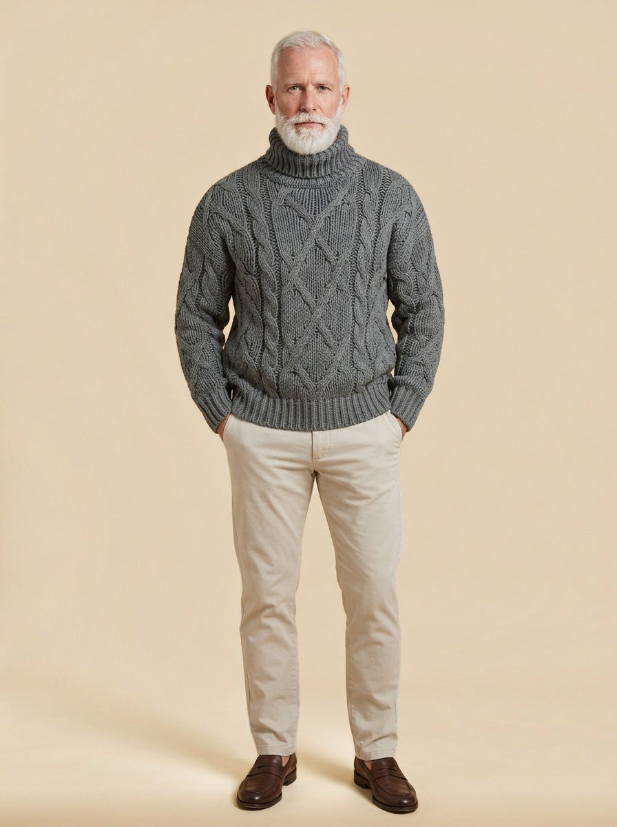 Keating chunky cable turtleneck sweater in Grey, studio, Gentlemens Manor