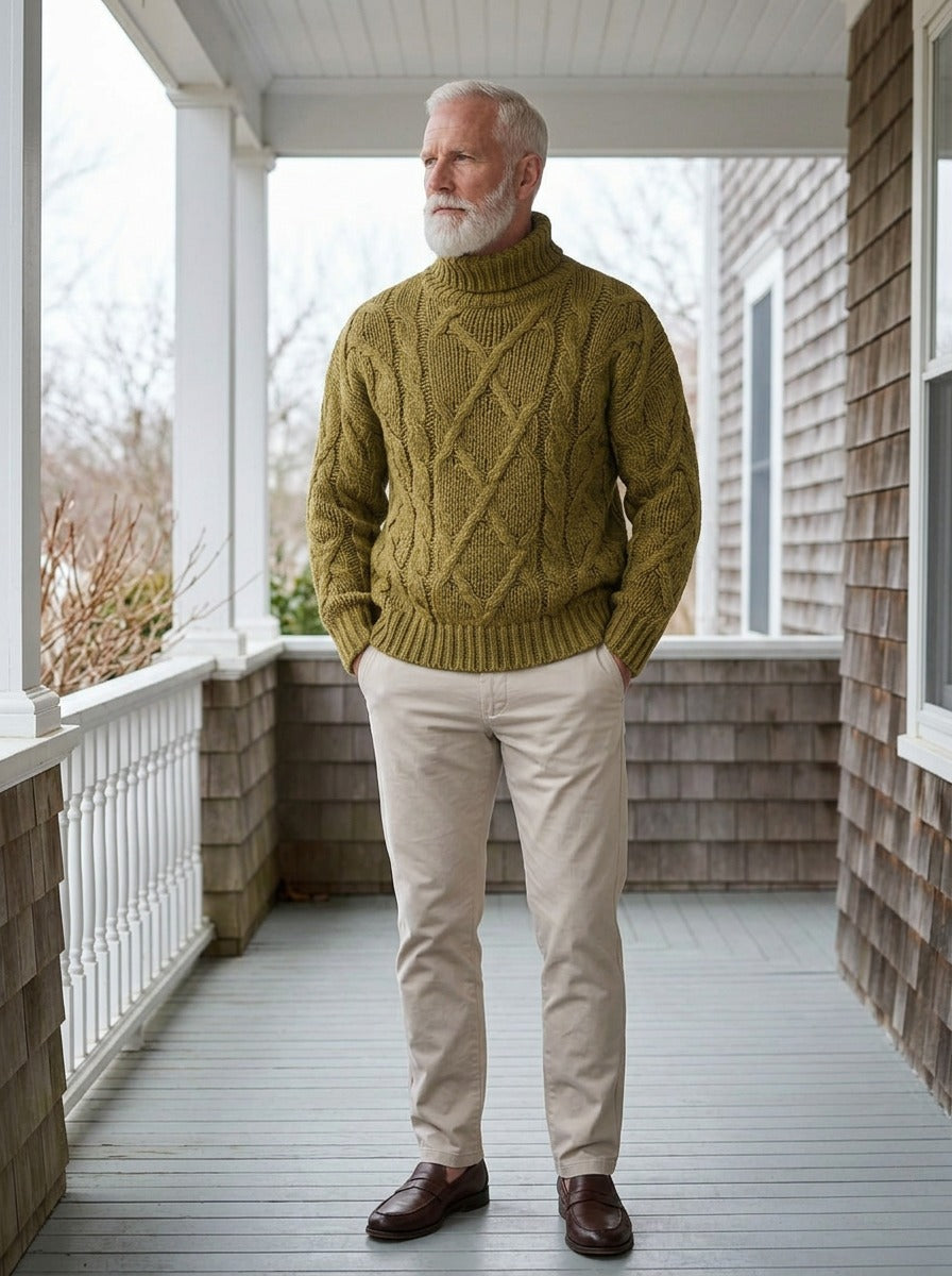 Keating chunky cable turtleneck sweater in Olive, lifestyle on a covered porch, Gentlemens Manor