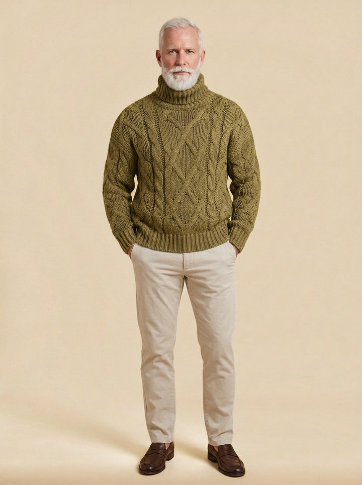Keating chunky cable turtleneck sweater in Olive, studio, Gentlemens Manor