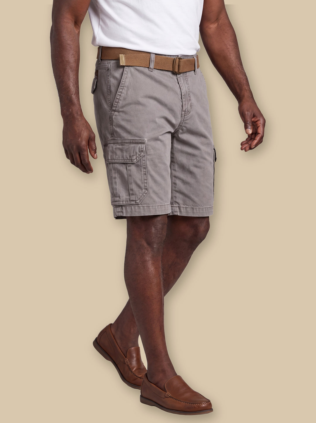 Keaton summer shorts in Grey, worn by a model on a warm sand studio background - Gentlemens Manor