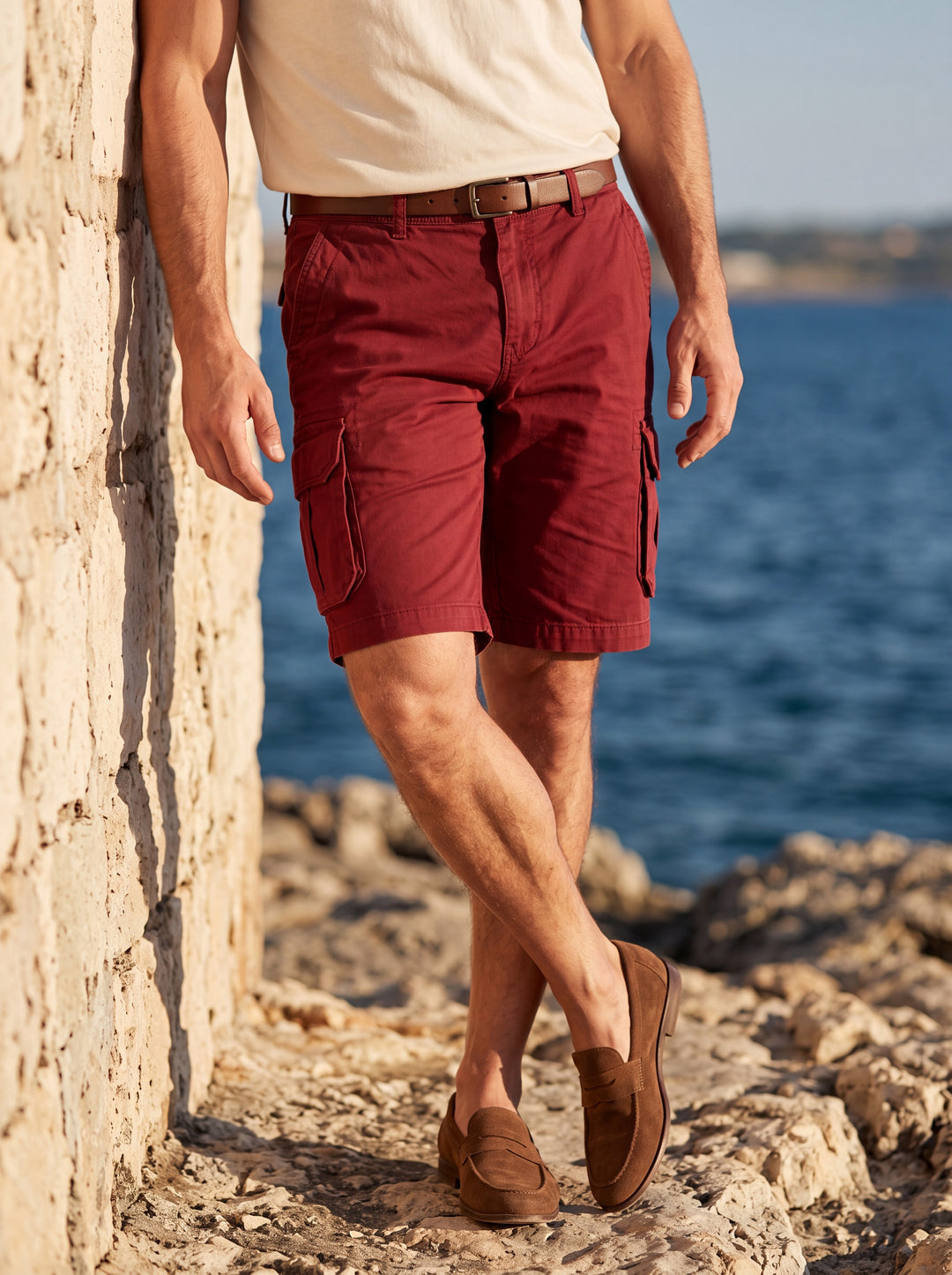 Keaton Men summer shorts in red, worn by a model in a Mediterranean setting - Gentlemens Manor lifestyle
