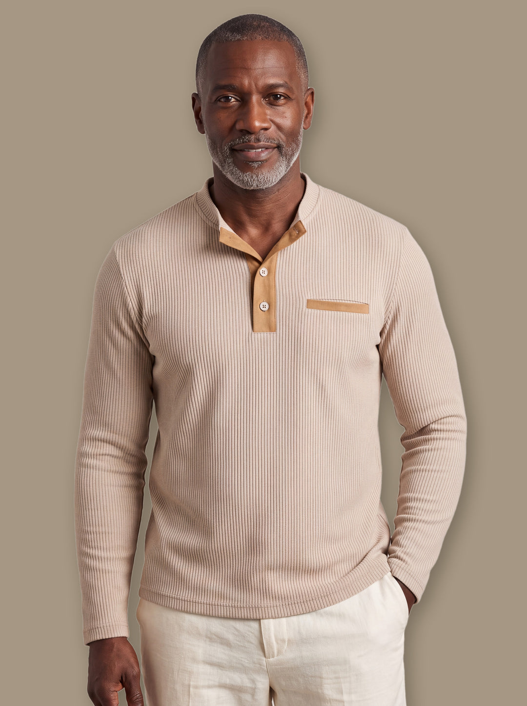 Kendall casual shirt in Sand, worn by a model on a warm taupe studio background - Gentlemens Manor