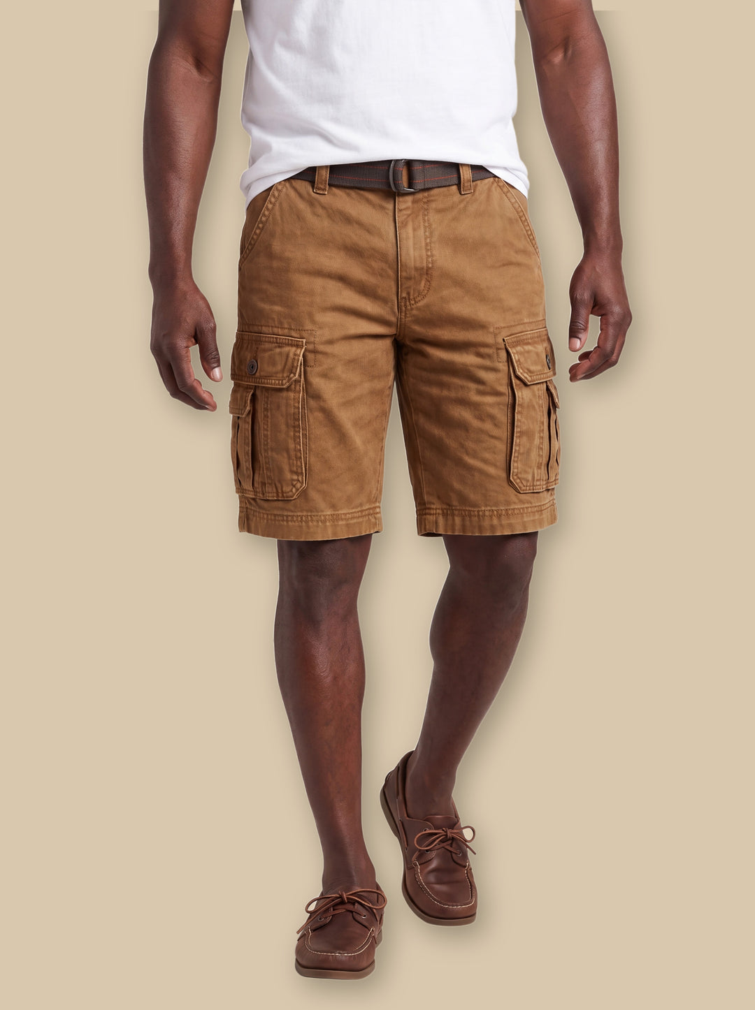 Kent summer shorts in Brown, worn by a model on a warm sand studio background - Gentlemens Manor