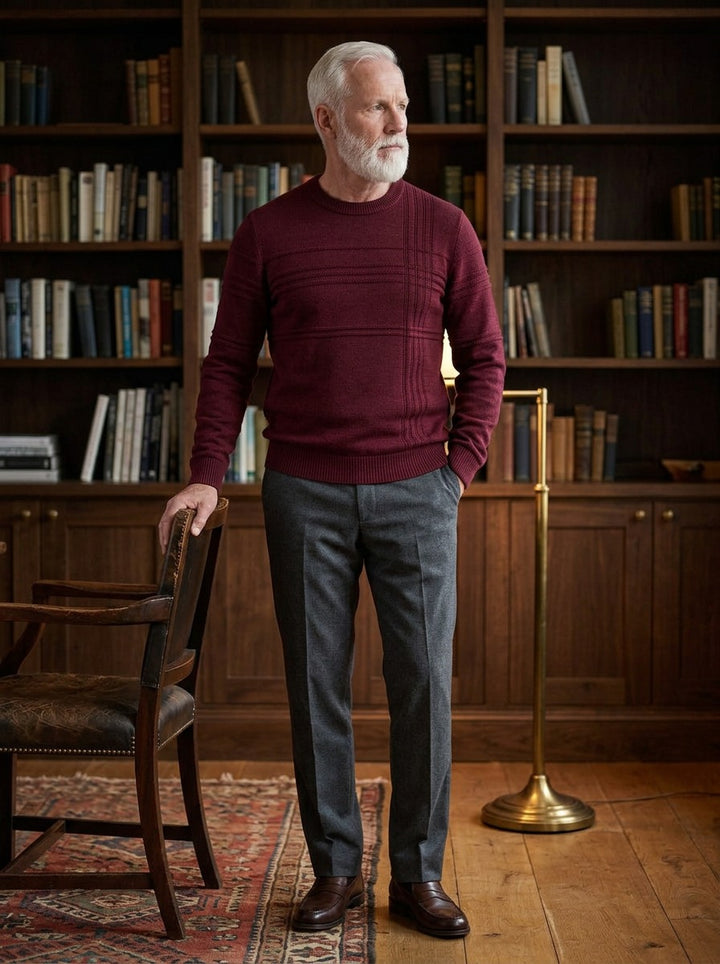 Kenyon crew neck sweater in Burgundy, lifestyle in a private study, Gentlemens Manor