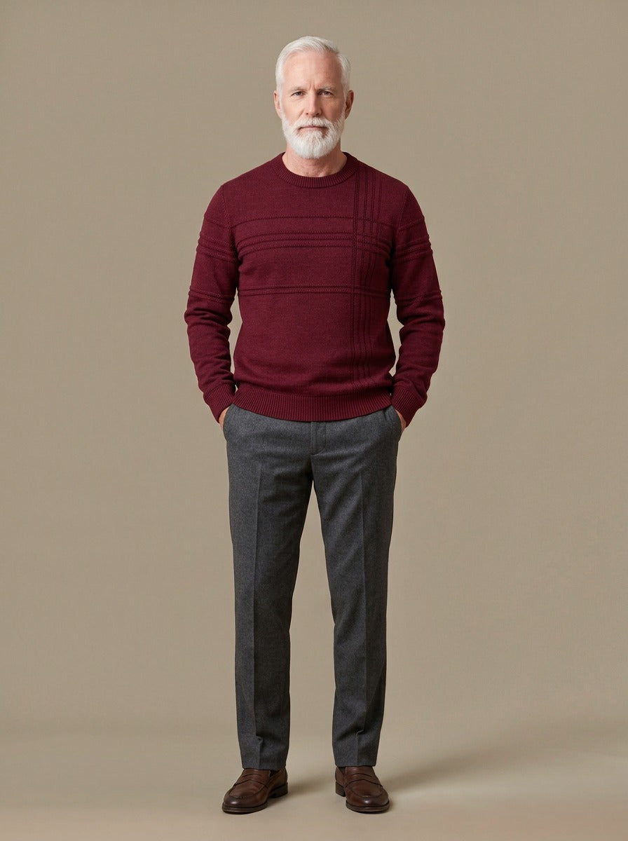 Kenyon crew neck sweater in Burgundy, studio, Gentlemens Manor