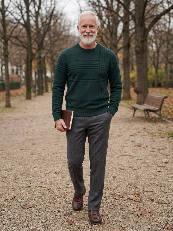 Kenyon crew neck sweater in Green, lifestyle on a park path, Gentlemens Manor