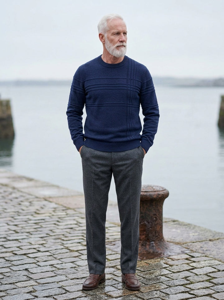 Kenyon crew neck sweater in Navy, lifestyle on a stone harbor quay, Gentlemens Manor