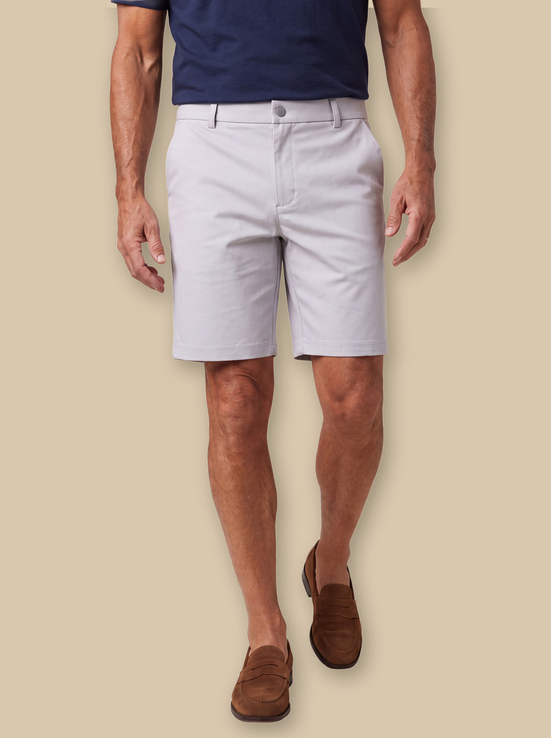 Kermit summer shorts in Grey, worn by a model on a warm sand studio background - Gentlemens Manor