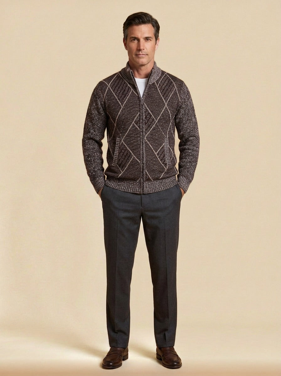 Kessler zip cardigan in Brown, studio, Gentlemens Manor