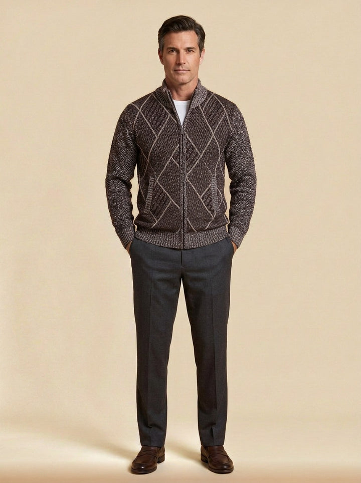 Kessler zip cardigan in Brown, studio, Gentlemens Manor
