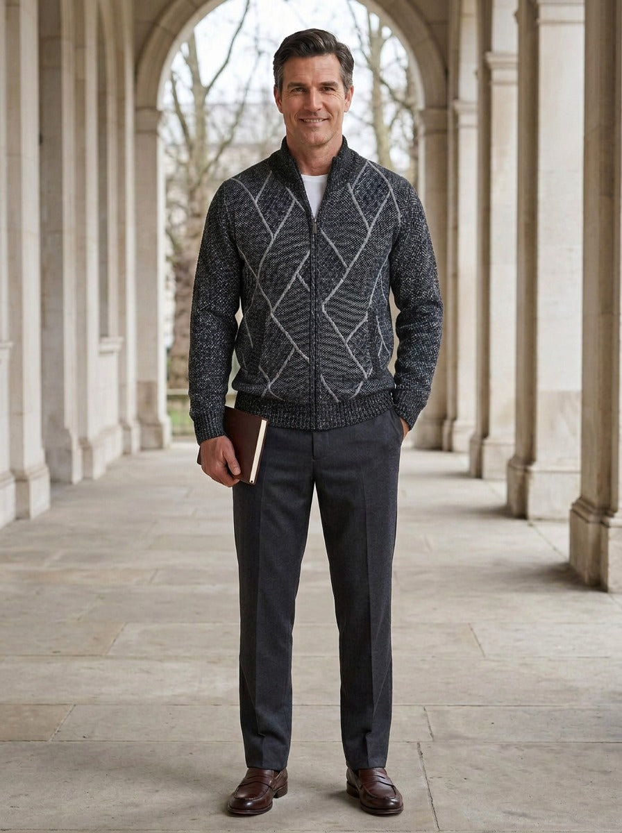 Kessler zip cardigan in Charcoal, lifestyle in a stone colonnade, Gentlemens Manor