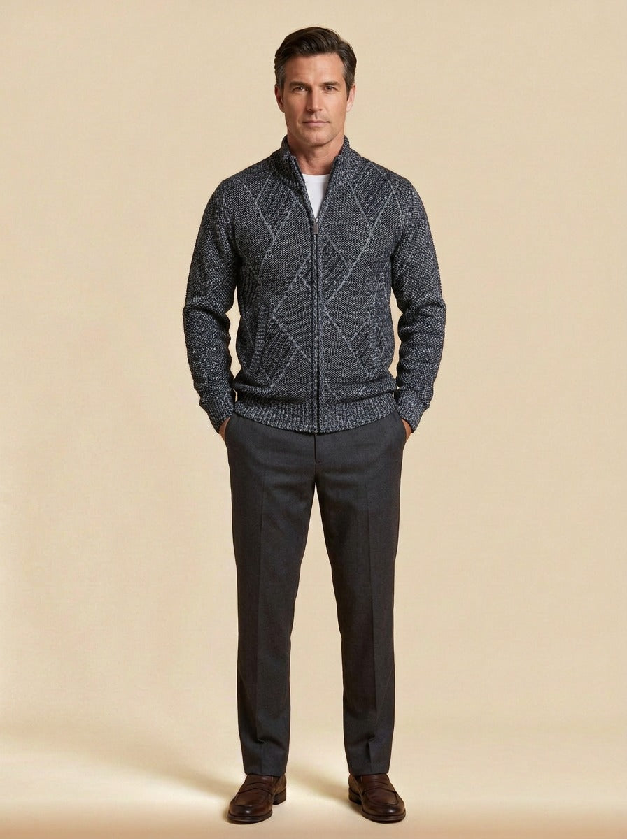 Kessler zip cardigan in Charcoal, studio, Gentlemens Manor