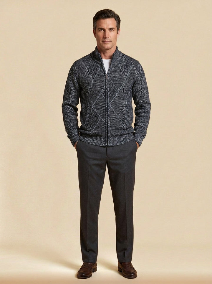Kessler zip cardigan in Charcoal, studio, Gentlemens Manor