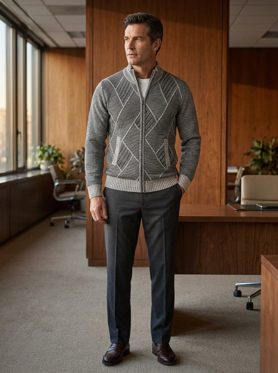 Kessler zip cardigan in Gray, lifestyle in a timber paneled office, Gentlemens Manor