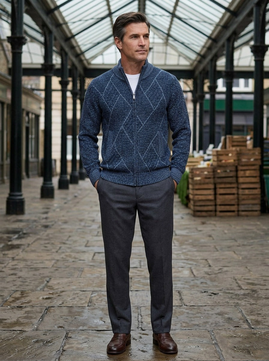 Kessler zip cardigan in Navy, lifestyle in a covered market hall, Gentlemens Manor